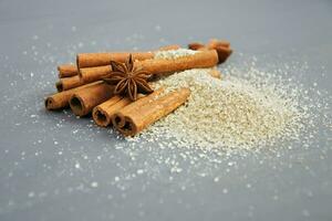 Cinnamon sticks, powder and star anise on a gray background photo