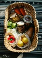 Fresh fruits and vegetables in a wicker basket on a picnic blanket photo