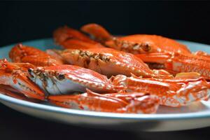 Steamed crabs on a white plate on a black background close up photo