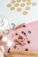 cooking christmas cookies, top view of ingredients and tools for baking photo