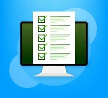 Computer with online exam on green background. Vector illustration.