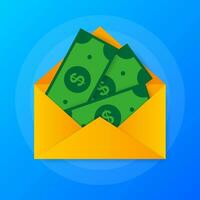 Money in envelope in flat style on blue background. Vector flat illustration. Send money