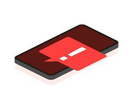 Smartphone with danger sign on screen on red background. Vector illustration.