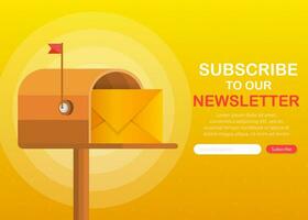 Mailbox with a letter inside in a flat style on a yellow background. Subscribe to our newsletter. Vector illustration.