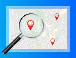 Geo map and zoom lens. City map on color background. Vector illustration.