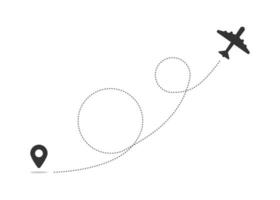 Airplane line path vector icon of air plane flight route with start point and dash line trace
