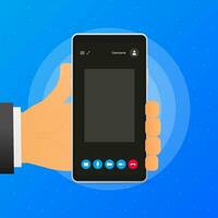 Hand holds phone with a video call on screen. Phone on blue background. Vector illustration.