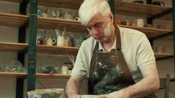 ceramica arte, anziano uomo, anziano età, creativo tempo libero. senor uomo fa un' tazza durante ceramica. video