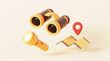 Cartoon binoculars, flashlight and map in the yellow background, 3d rendering. video