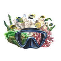 A diver's mask on a background of corals and marine fish. Hand-painted in watercolor. Underwater travel. For the design of labels, postcards and banners, flyers. For printing, stickers and T-shirts. png