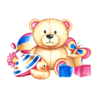 Children's toys, a teddy bear, a ball, a spinning top and cubes. Handmade watercolor illustration. For the design of children's books, postcards and flyers. For labels of packaging of children's goods png
