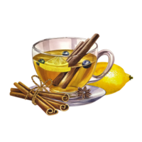 Glass, transparent cup of tea with lemon and cinnamon. Hand drawn watercolor illustration. Hot, aromatic, vitamin and cold drink. For invitations, cards, banners, packaging and menus. png