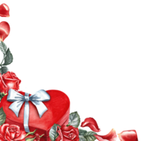 uma quadro, Armação com uma vermelho em forma de coração presente caixa com uma branco arco decorado com rosas. desenhado à mão aguarela ilustração. para dia dos namorados dia, casamento, aniversário. para embalagem, folheto, poster e cartão postal. png