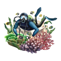 The diver swims underwater. Underwater travel. Watercolor hand drawn. Concept for label, banner, flyer, brochure. png