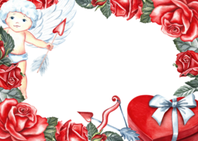 uma quadro, Armação com vermelho rosas, cupidos e uma em forma de coração presente caixa. desenhado à mão aguarela ilustração. uma cumprimento cartão para amantes, para dia dos namorados dia e casamento. Além disso adequado para embalagem, poster, folheto png