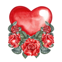 Red watercolor heart decorated with roses. Hand-drawn watercolor illustration. A design element of a Valentine's day card, a wedding invitation. For packaging and labels, posters and leaflets, prints. png