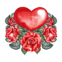 rood waterverf hart versierd met rozen. hand getekend waterverf illustratie. een ontwerp element van een Valentijnsdag dag kaart, een bruiloft uitnodiging. voor verpakking en etiketten, posters en folders, afdrukken. png