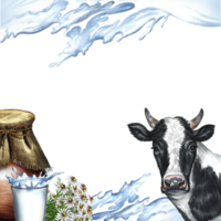 un marco con un vaca y lechería productos y un chapoteo de leche. un dibujado a mano acuarela ilustración. para Leche publicidad bandera, embalaje de lechería producto etiquetas. para carteles, huellas dactilares, negocio tarjetas png