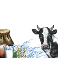 A frame with a cow and dairy products and a splash of milk. A hand-drawn watercolor illustration. For milk advertising banner, packaging of dairy product labels. For posters, prints, business cards. png