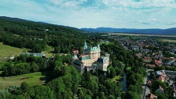 Aerial orbiting view of chateau Bojnice in Slovakia video