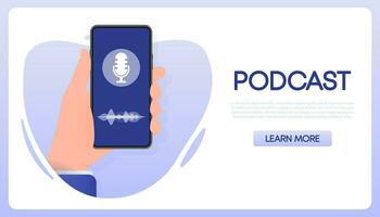 Hand holds phone with record podcast on screen. Vector illustration