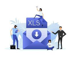 descargar xls archivo. grupo de personas con xls documento. isométrica vector. icono vector