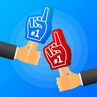 Hands hold red and blue of handsome fan hand glove with foam finge. Vector illustration.