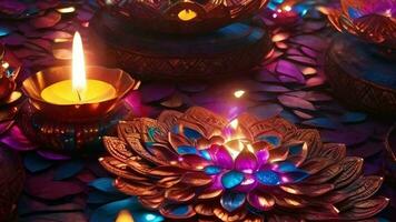 ai généré diwali bougies sont allumé dans une cercle avec coloré lumières video