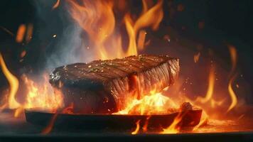 AI generated a steak is on fire in a pan video