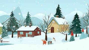 ai generado invierno invierno nieve horisontal rural pueblo paisaje dibujos animados diseño movimiento vídeo video