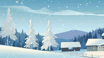 ai generiert Winter Winter Schnee horisontal ländlich Dorf Landschaft Karikatur Design Bewegung Video
