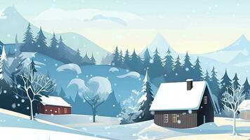 ai generiert Winter Winter Schnee horisontal ländlich Dorf Landschaft Karikatur Design Bewegung Video