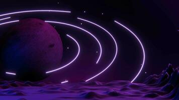 animation of moon with glowing rings, seamless loop, space background video