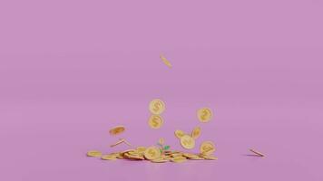 3d money dollar coins stack with tree growth isolated on pink background. financial success and growth or saving money concept,  3d render illustration video