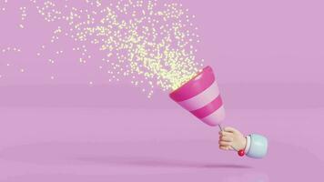 3d hand- Holding explosie voetzoeker met confetti geïsoleerd Aan roze achtergrond. video