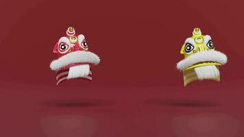 3d two lion dance head with chinese gold ingot, coin for festive chinese new year holiday. 3d render illustration video