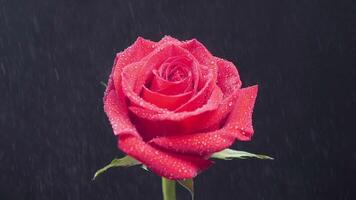 Red rose sprinkled with rain water in slow motion. Beautiful flower sprayed with water from the top. video