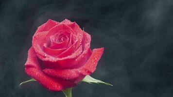 langzaam verspreiden rook over- een rood roos Aan donker achtergrond. water druppels Aan de bloemblaadjes. mooi schot van een bloem. video