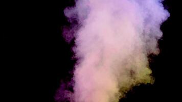 White cloud of smoke with colored edges rising from black background. Smoke effect separated on dark background. Blue and red light. video