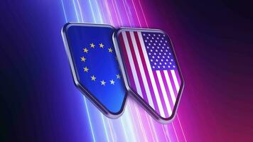 das Aussehen von zwei Embleme mit das Flaggen von das europäisch Union und das USA video