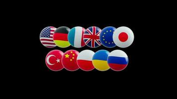 animation of a group of flags of countries stylized as a sphere.  alpha channel video