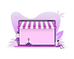 Laptop with and screen buy. Flat style characters. Concept online shopping vector