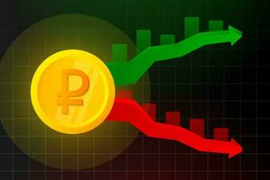 Ruble up and down, Stock online trading. Technical analysis candlestick chart. Stock exchanges index vector