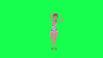 animado agradável menina saque quadril pulo dança frente ângulo isolado verde tela video