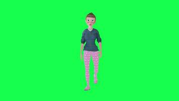 Cartoon housewife walking front angle isolated green screen video