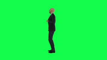 Bald man in formal suit drinking soda isolated right angle green screen video