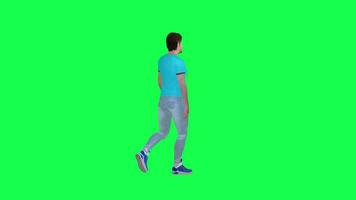 3d Mens wandelen terug hoek geïsoleerd groen scherm video