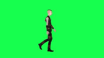 Thin warrior cartoon boy walking left angle isolated green screen video