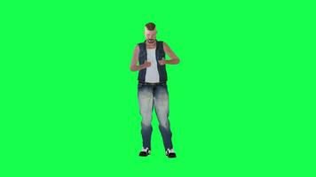 3D man with long hair in jeans working on the phone front angle green screen video