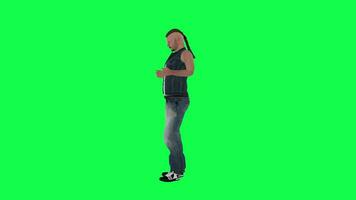 Long hair cartoon man in jeans working on phone green screen right angle video